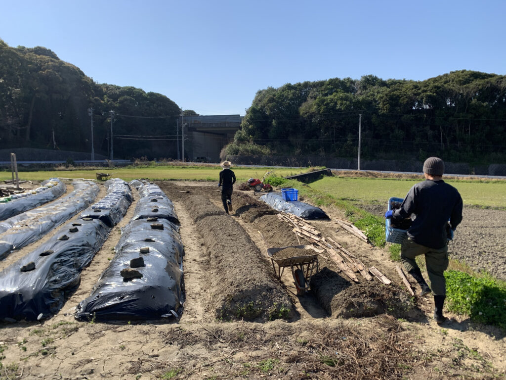 地域の農地で畝づくりや高付加価値化につなげる有機野菜作り教育ファームの準備を行う実践の様子