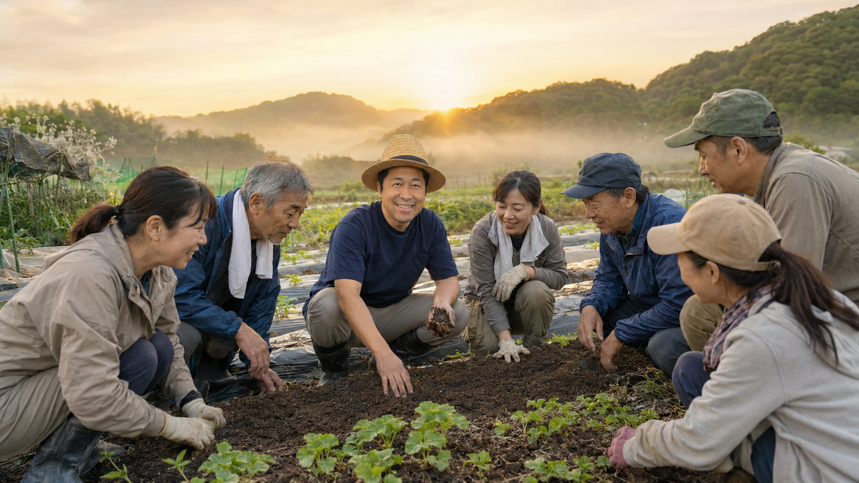 朝日の差す畑で、ぞの校長と受講生が土に触れながら学ぶ様子